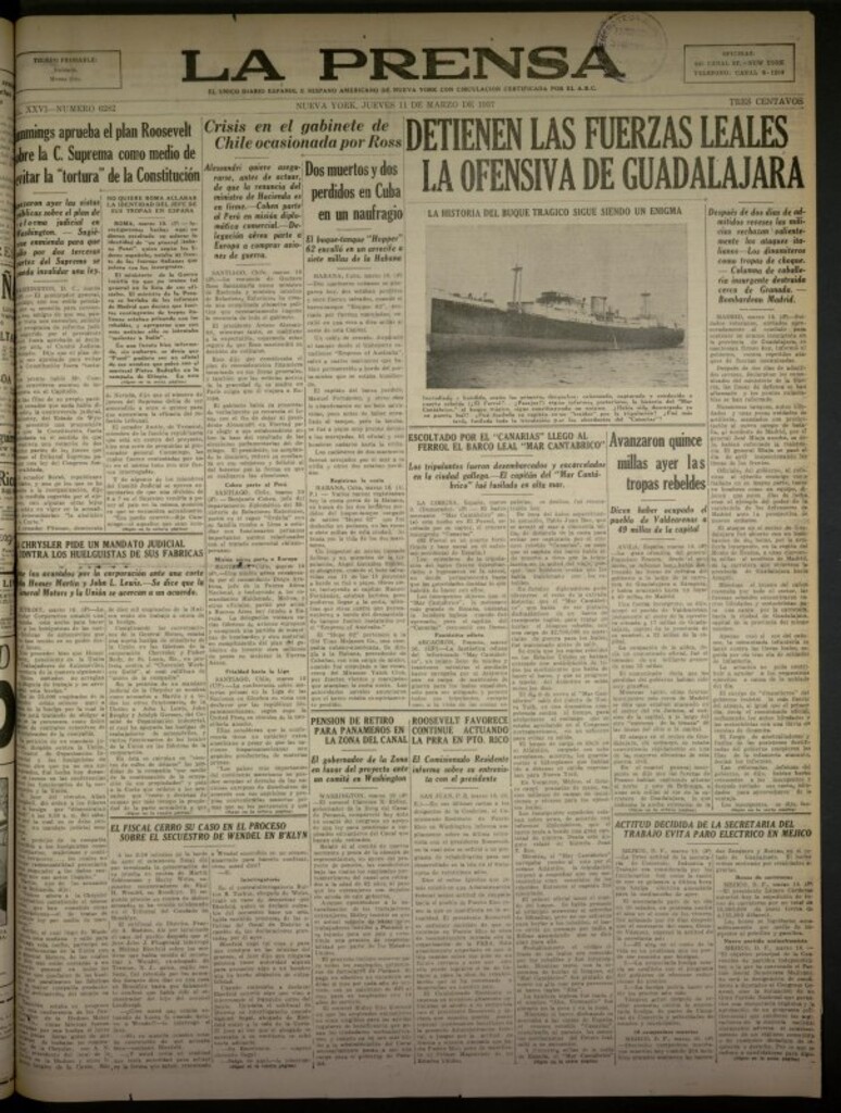 Miniatura de La Prensa: único diario español e hispano americano en Nueva York del 11 de marzo de 1937, nº 6282