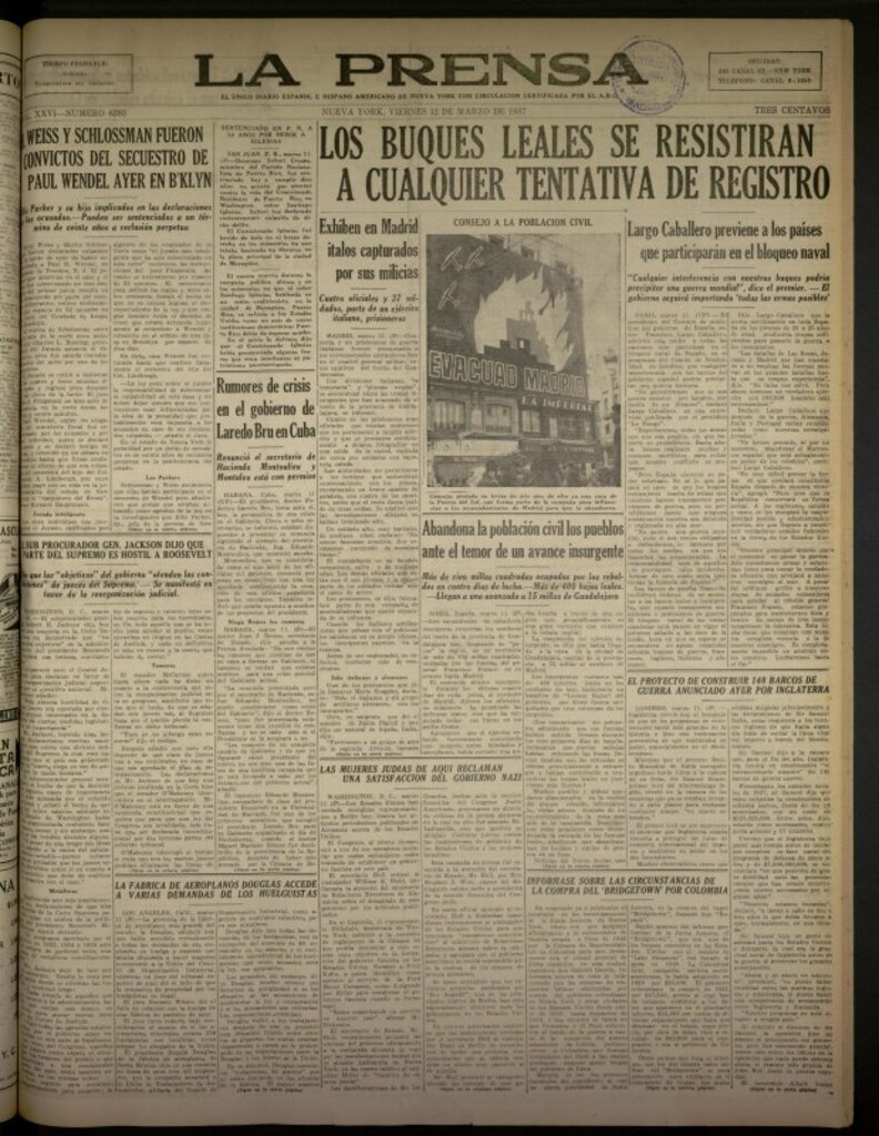 Miniatura de La Prensa: único diario español e hispano americano en Nueva York del 12 de marzo de 1937, nº 6283