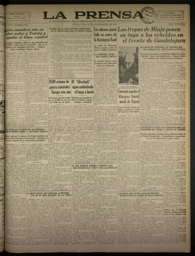 Miniatura de La Prensa: único diario español e hispano americano en Nueva York del 15 de marzo de 1937, nº 6285