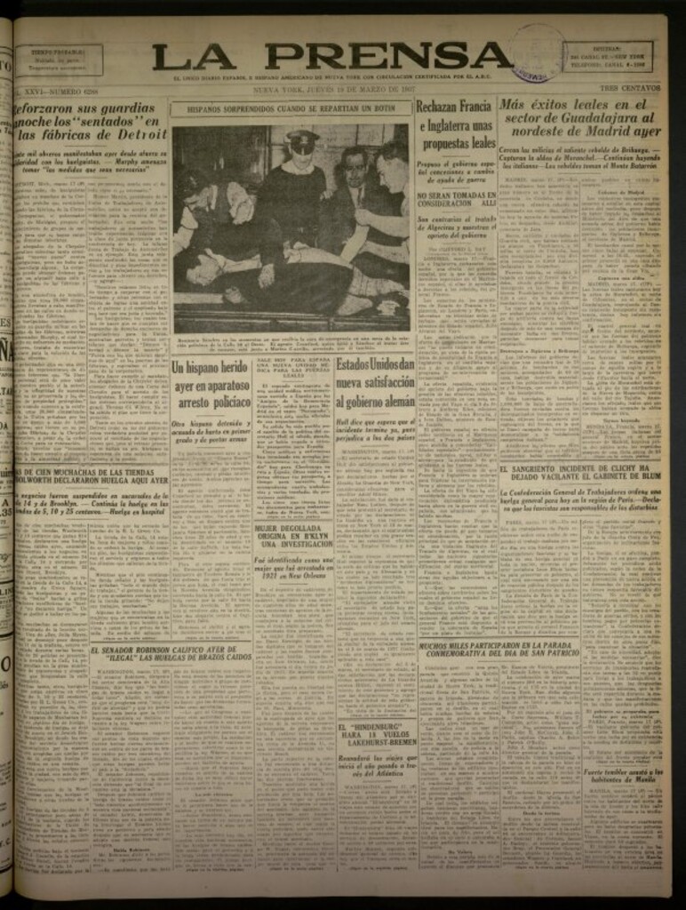 Miniatura de La Prensa: único diario español e hispano americano en Nueva York del 18 de marzo de 1937, nº 6288