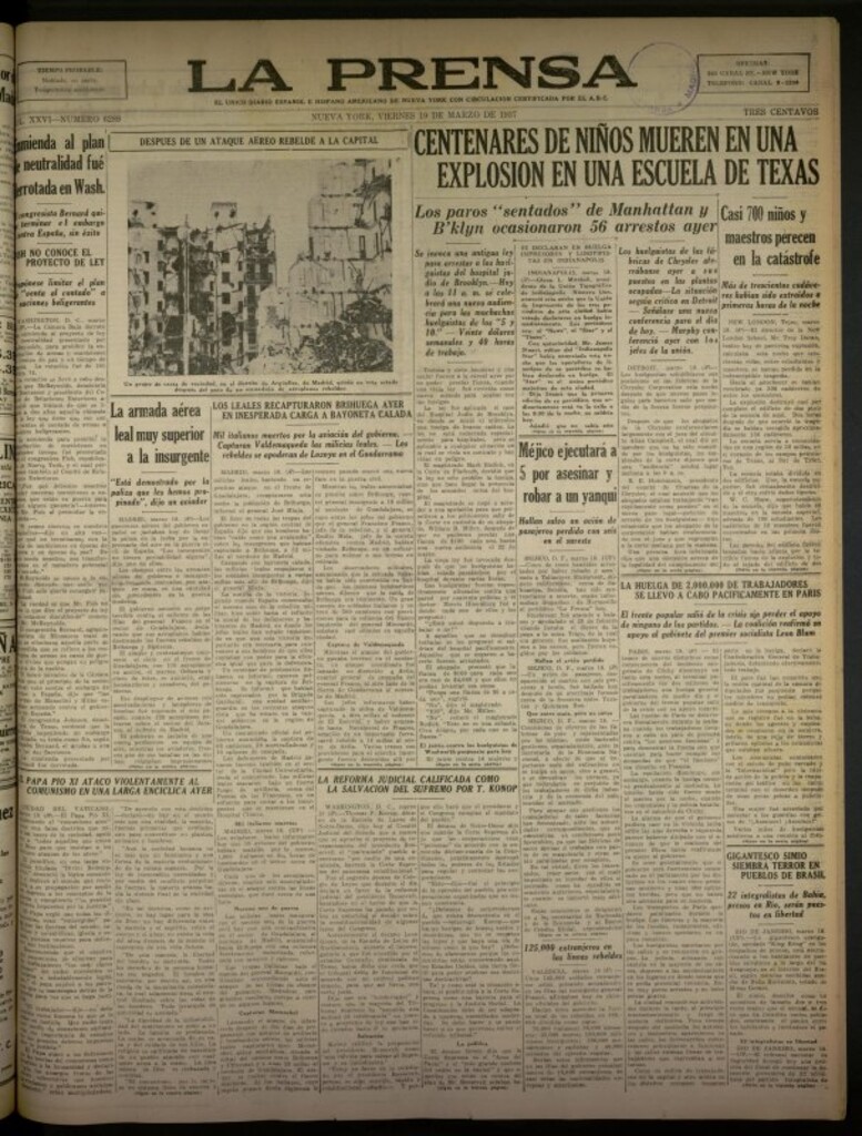 Miniatura de La Prensa: único diario español e hispano americano en Nueva York del 19 de marzo de 1937, nº 6289