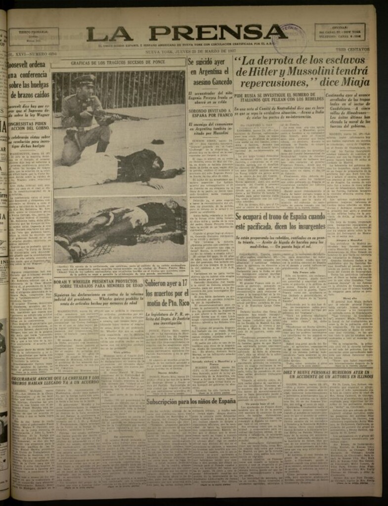 Miniatura de La Prensa: único diario español e hispano americano en Nueva York del 25 de marzo de 1937, nº 6294
