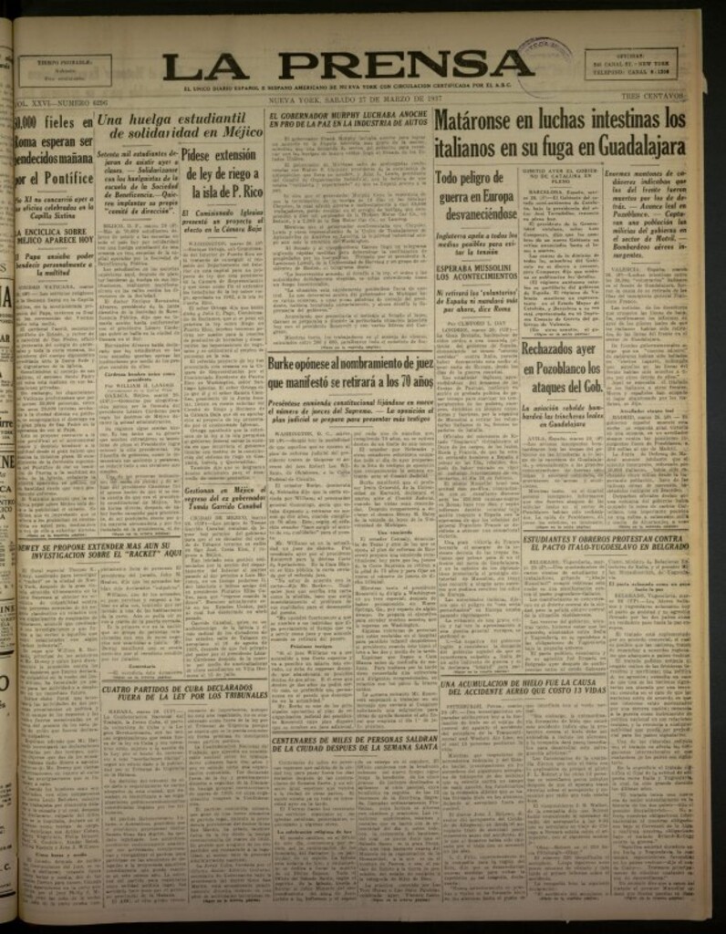 Miniatura de La Prensa: único diario español e hispano americano en Nueva York del 27 de marzo de 1937, nº 6296