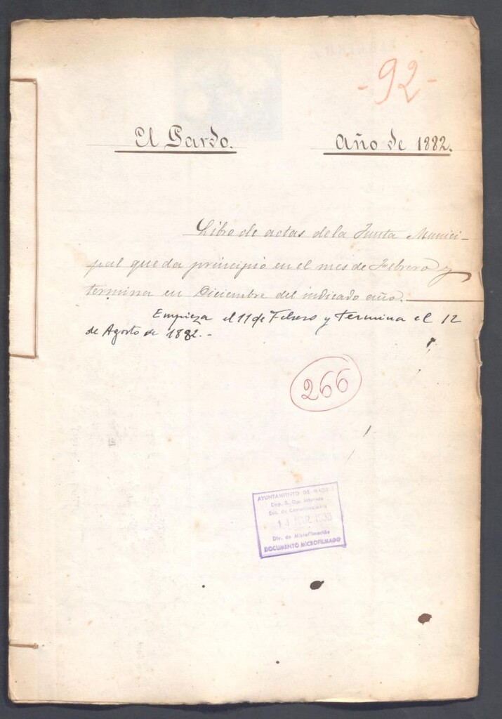 Miniatura de Actas y acuerdos del ayuntamiento de El Pardo de 1882. Libro 266.