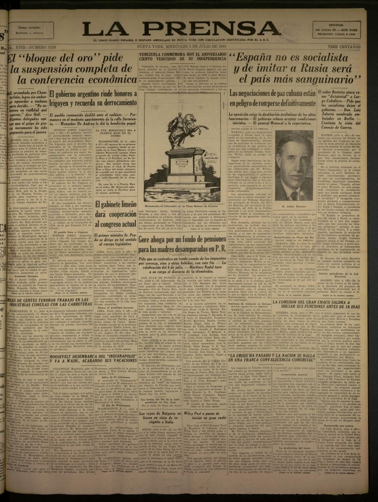 Miniatura de La Prensa: único diario español e hispano americano en Nueva York del 5 de julio de 1933, nº 5129