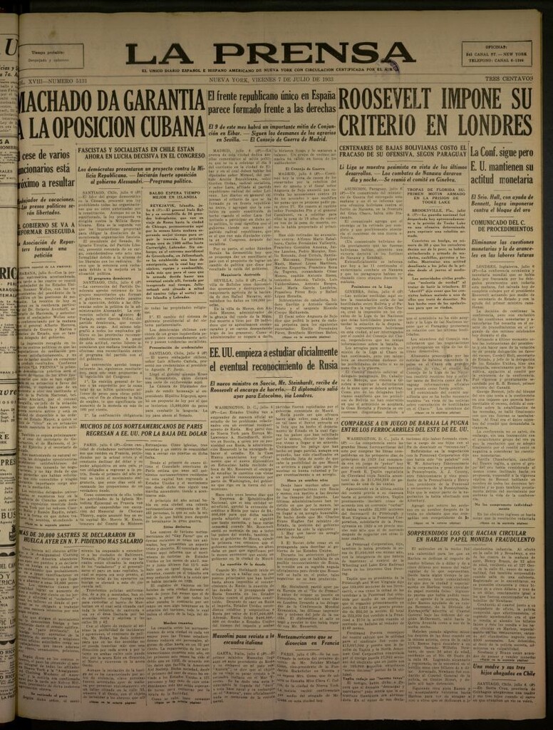 Miniatura de La Prensa: único diario español e hispano americano en Nueva York del 7 de julio de 1933, nº 5131