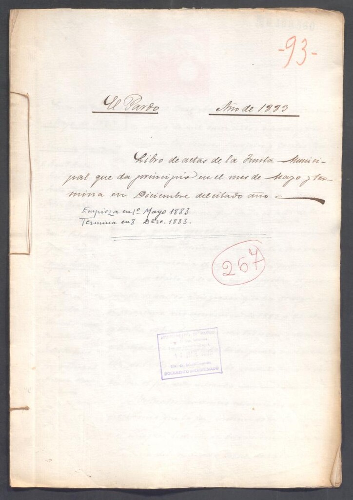 Miniatura de Actas y acuerdos del ayuntamiento de El Pardo de 1883. Libro 267.