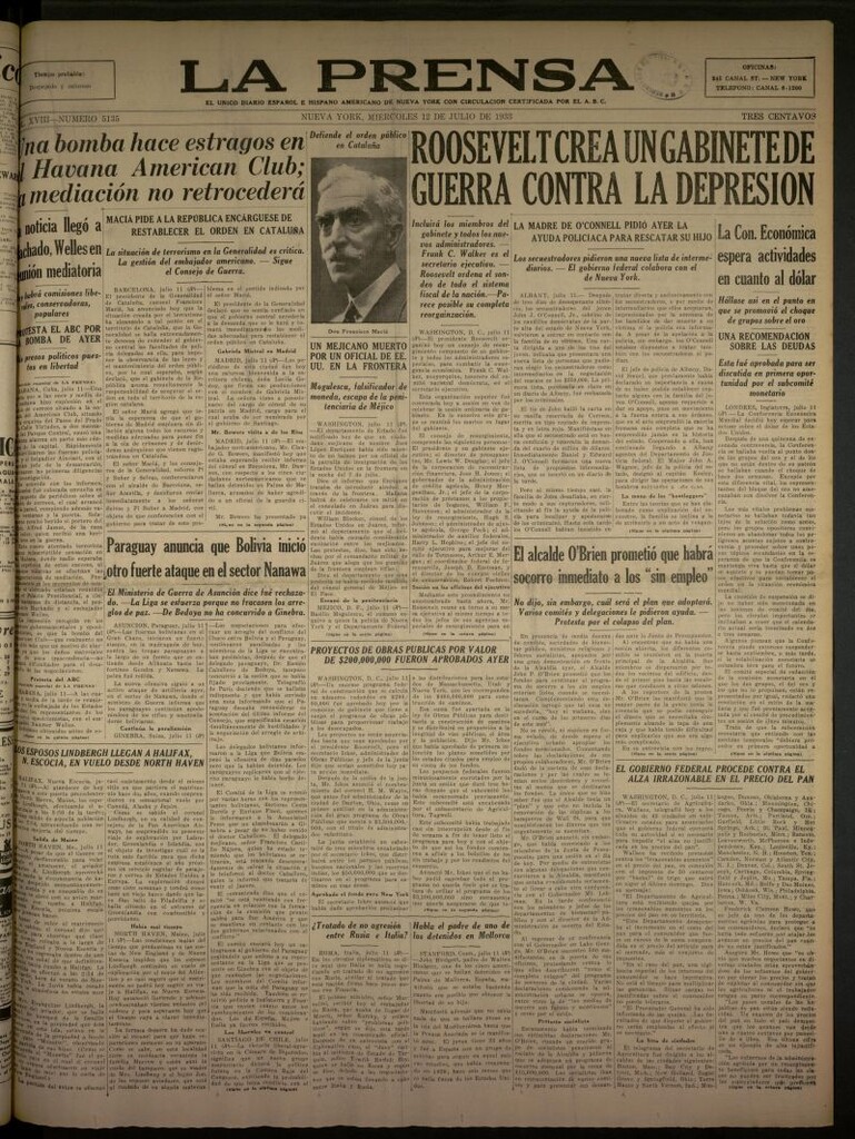 Miniatura de La Prensa: único diario español e hispano americano en Nueva York del 12 de julio de 1933, nº 5135