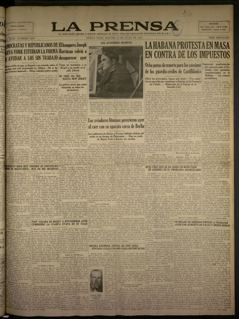 Miniatura de La Prensa: único diario español e hispano americano en Nueva York del 18 de julio de 1933, nº 5140