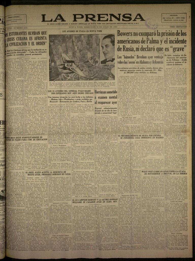 Miniatura de La Prensa: único diario español e hispano americano en Nueva York del 19 de julio de 1933, nº 5141
