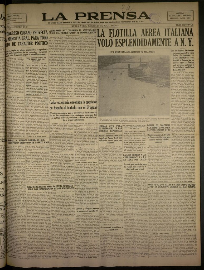 Miniatura de La Prensa: único diario español e hispano americano en Nueva York del 20 de julio de 1933, nº 5142