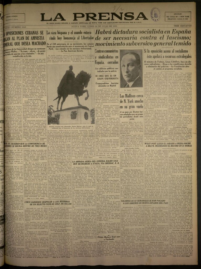 Miniatura de La Prensa: único diario español e hispano americano en Nueva York del 24 de julio de 1933, nº 5145