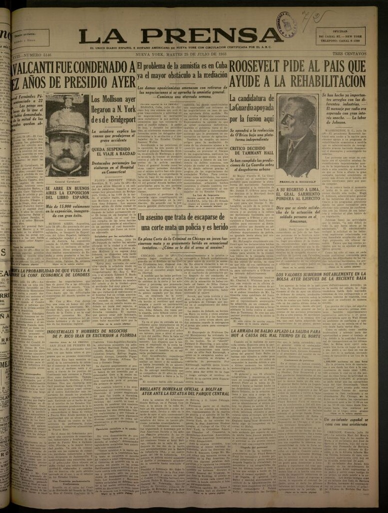 Miniatura de La Prensa: único diario español e hispano americano en Nueva York del 25 de julio de 1933, nº 5146