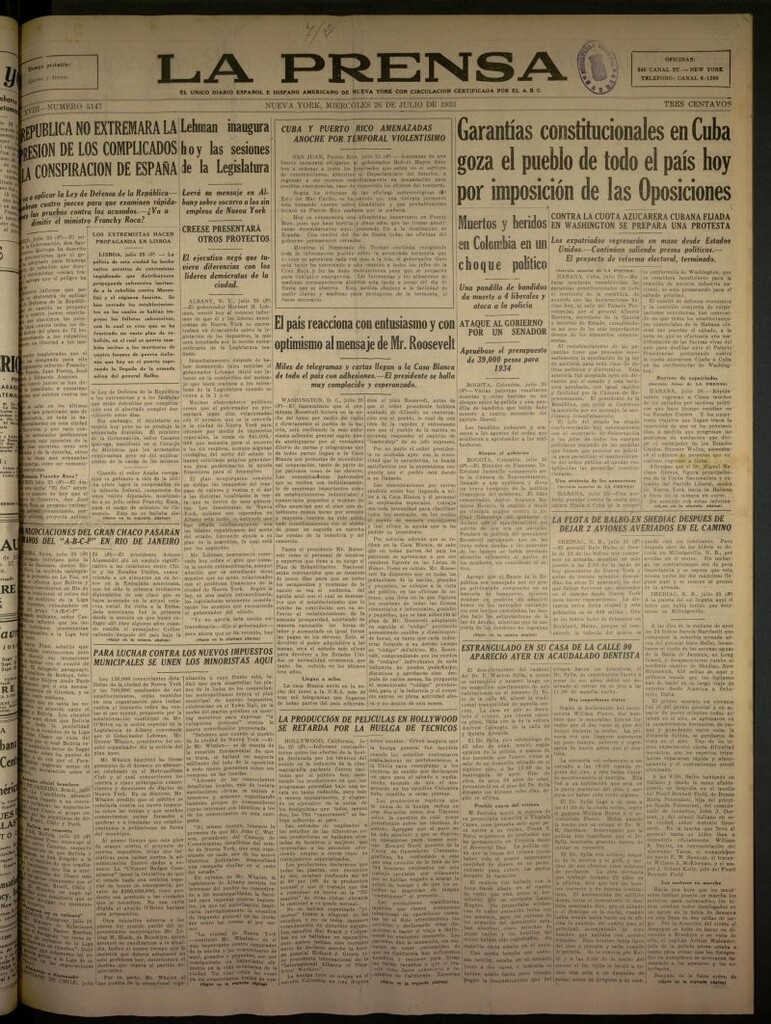 Miniatura de La Prensa: único diario español e hispano americano en Nueva York del 26 de julio de 1933, nº 5147