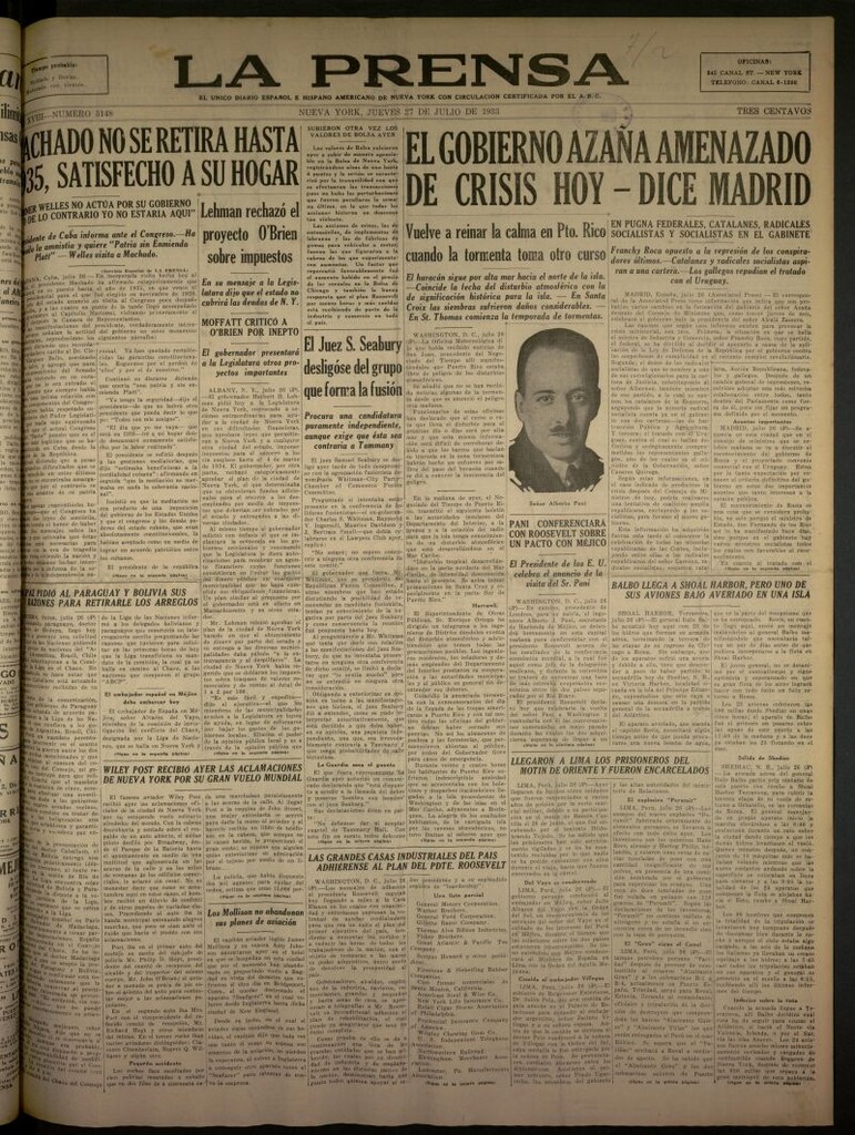 Miniatura de La Prensa: único diario español e hispano americano en Nueva York del 27 de julio de 1933, nº 5148