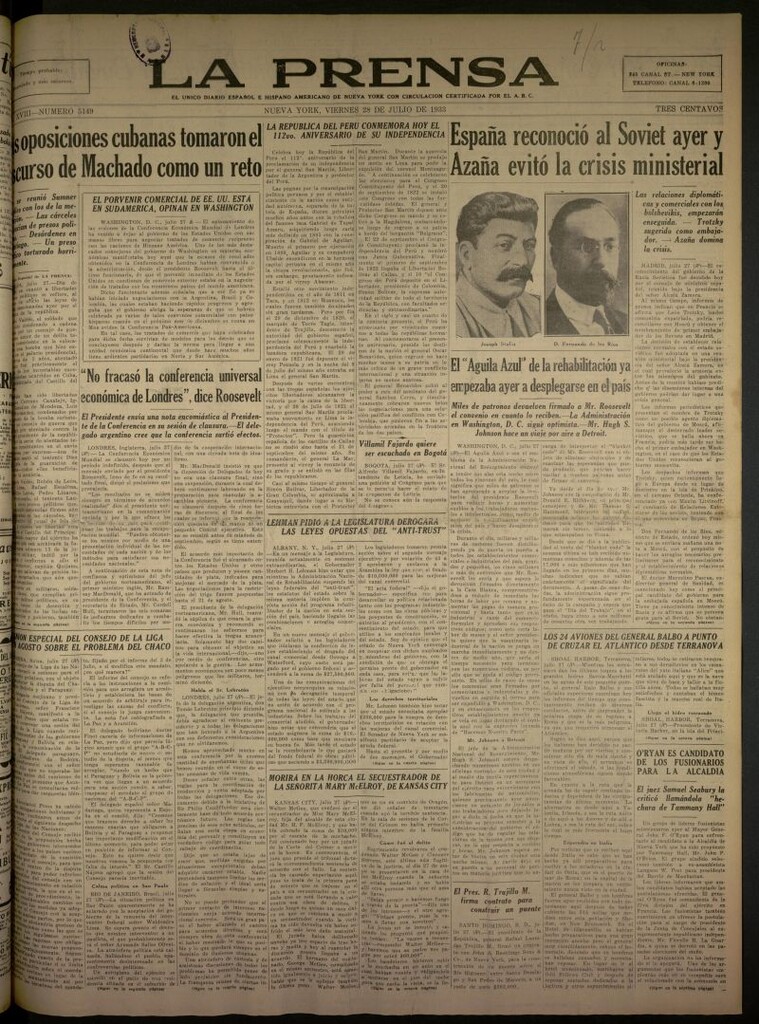 Miniatura de La Prensa: único diario español e hispano americano en Nueva York del 28 de julio de 1933, nº 5149
