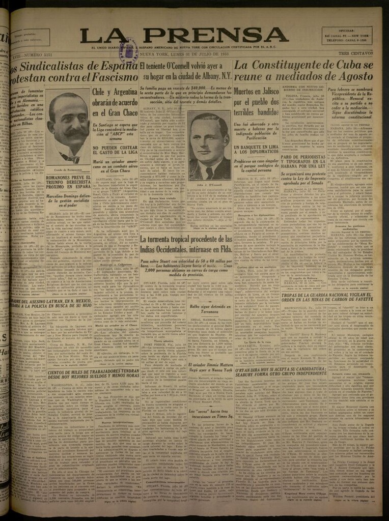 Miniatura de La Prensa: único diario español e hispano americano en Nueva York del 31 de julio de 1933, nº 5151
