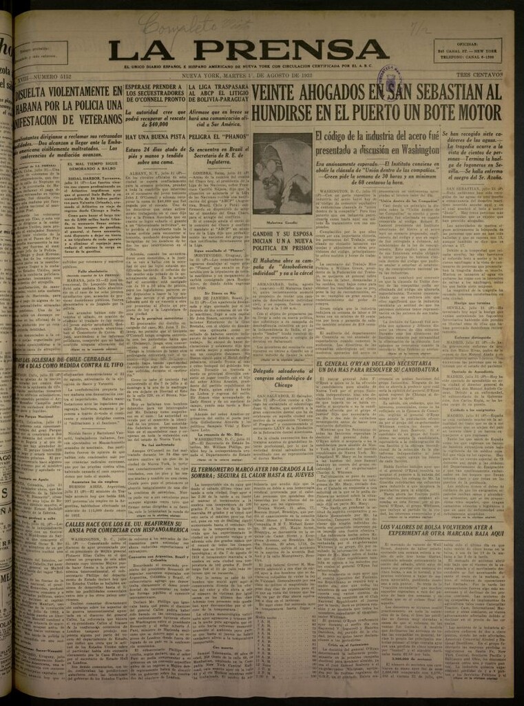 Miniatura de La Prensa: único diario español e hispano americano en Nueva York del 1 de agosto de 1933, nº 5152