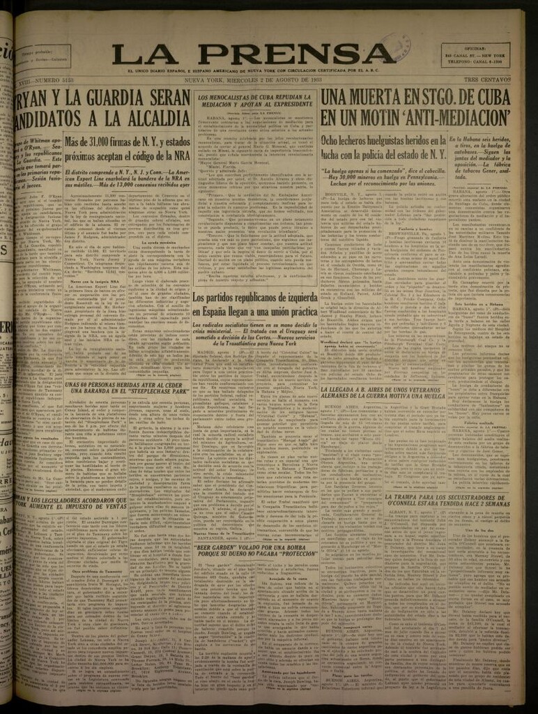 Miniatura de La Prensa: único diario español e hispano americano en Nueva York del 2 de agosto de 1933, nº 5153