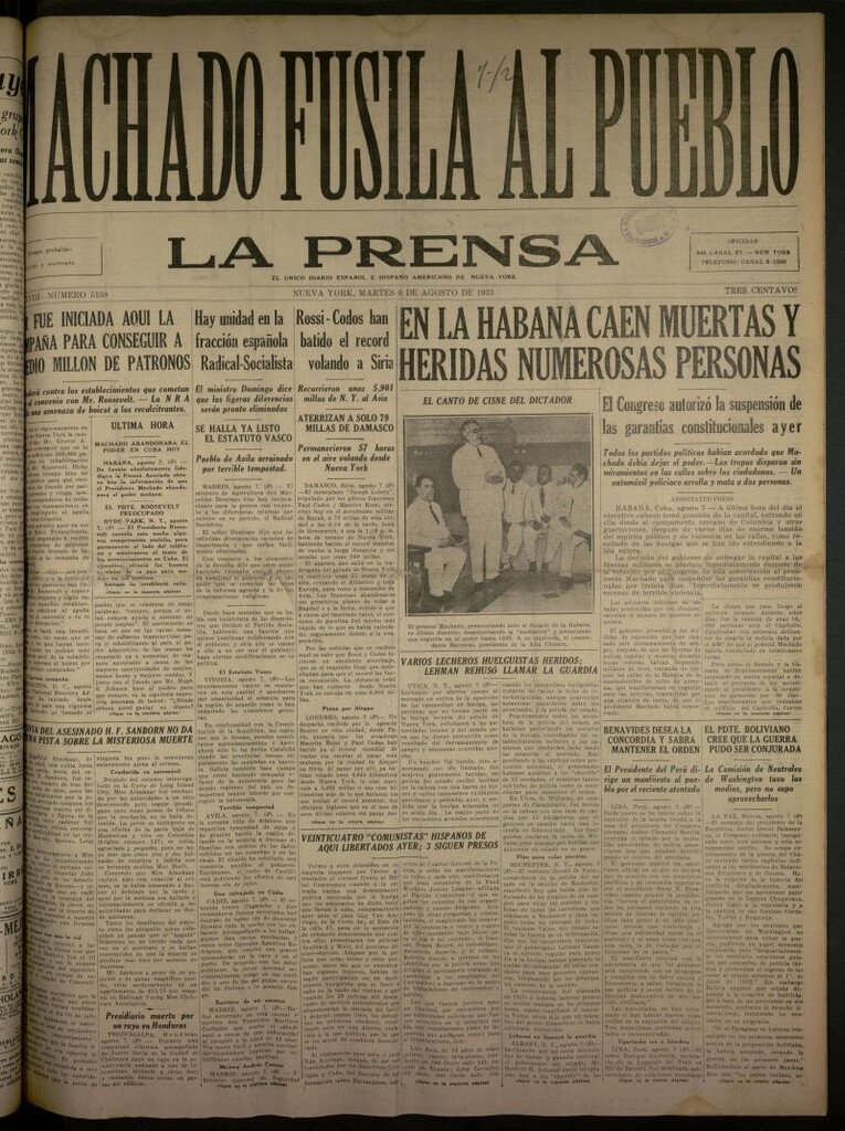 Miniatura de La Prensa: único diario español e hispano americano en Nueva York del 8 de agosto de 1933, nº 5158