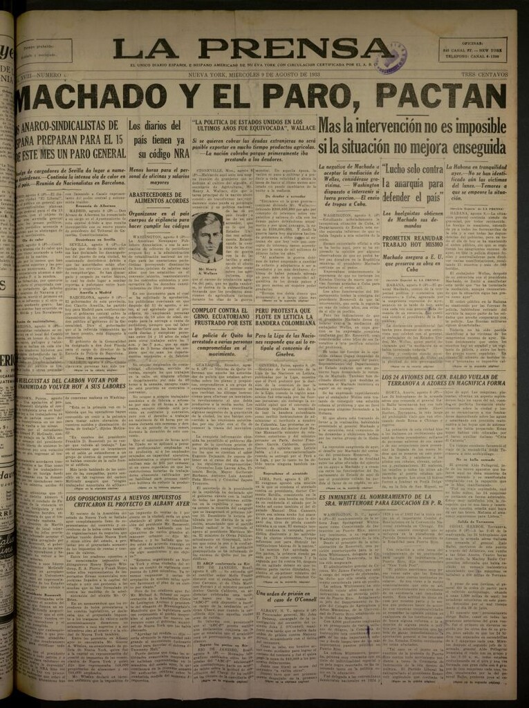 Miniatura de La Prensa: único diario español e hispano americano en Nueva York del 9 de agosto de 1933, nº 5159