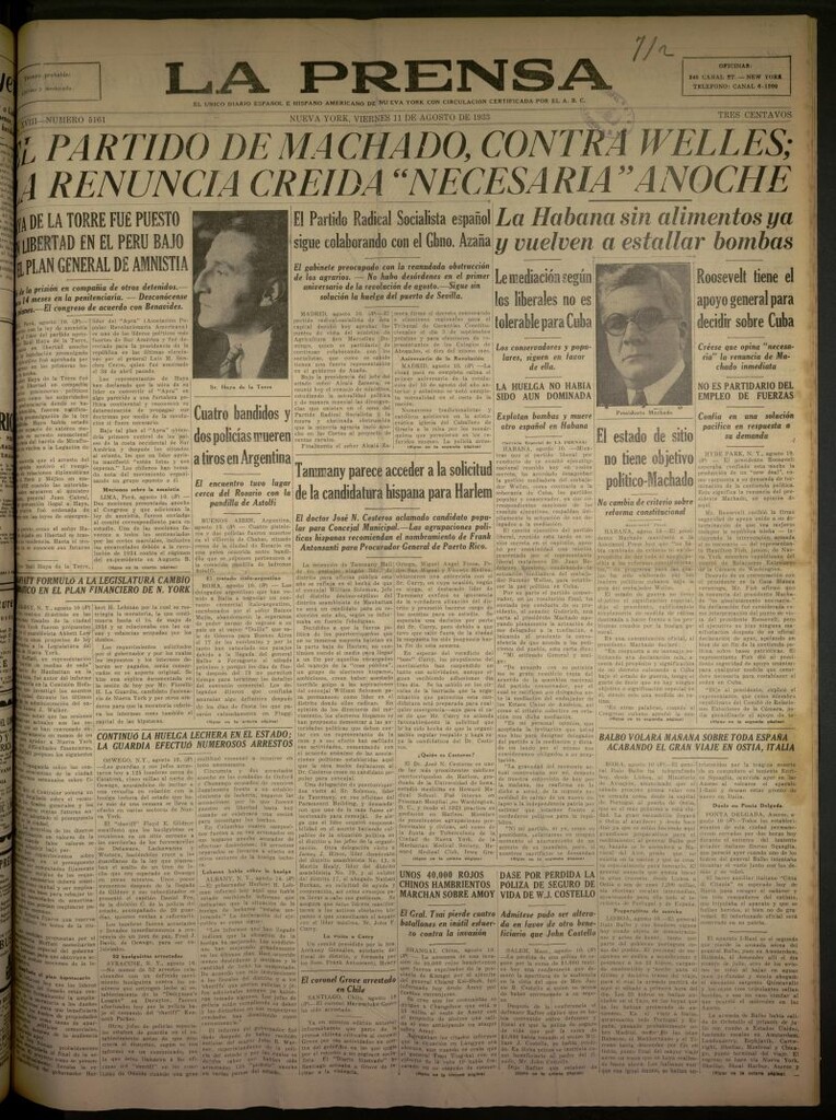 Miniatura de La Prensa: único diario español e hispano americano en Nueva York del 11 de agosto de 1933, nº 5161