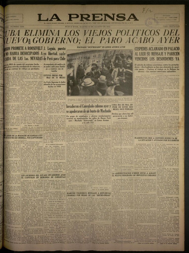 Miniatura de La Prensa: único diario español e hispano americano en Nueva York del 15 de agosto de 1933, nº 5164