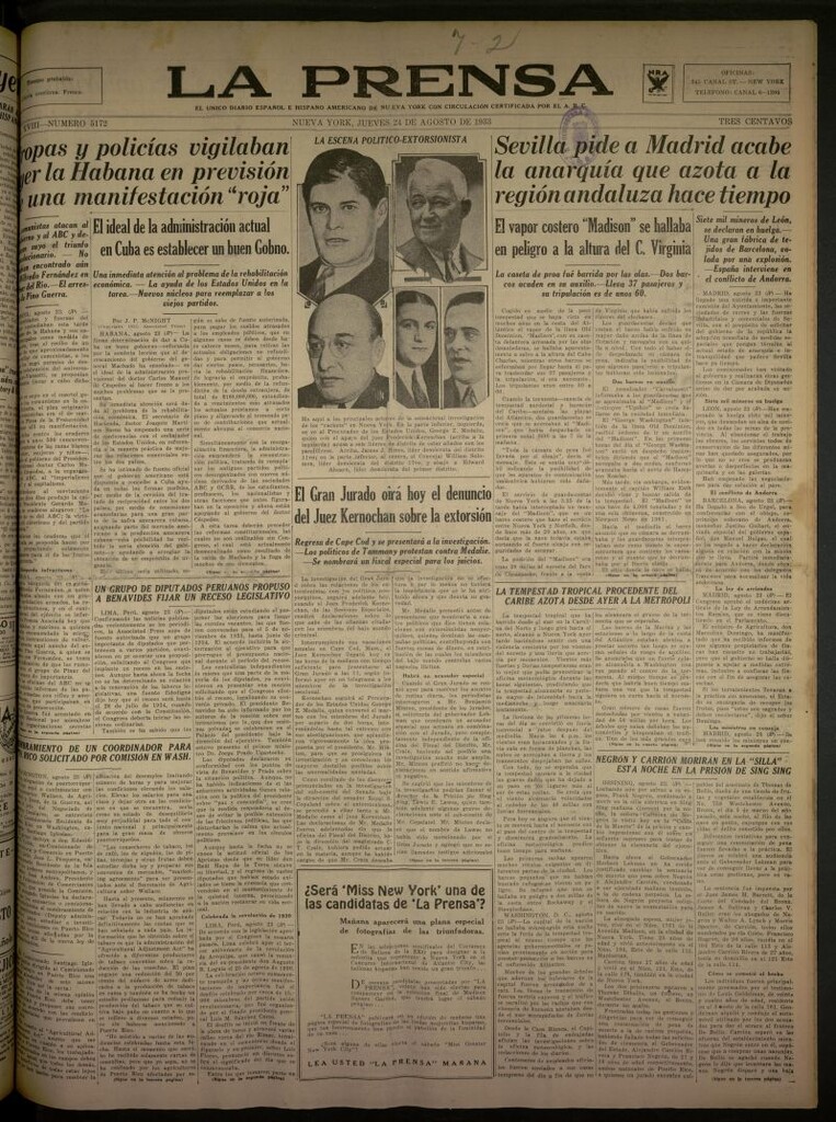 Miniatura de La Prensa: único diario español e hispano americano en Nueva York del 24 de agosto de 1933, nº 5172