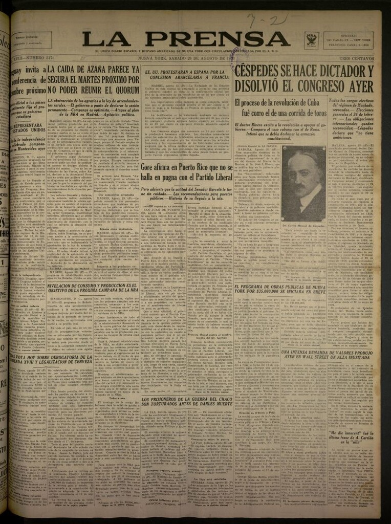 Miniatura de La Prensa: único diario español e hispano americano en Nueva York del 26 de agosto de 1933, nº 5174