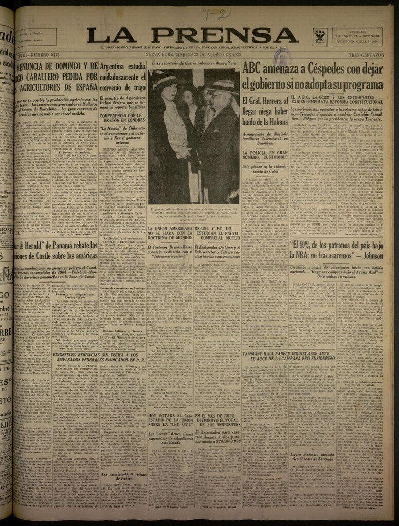 Miniatura de La Prensa: único diario español e hispano americano en Nueva York del 29 de agosto de 1933, nº 5176