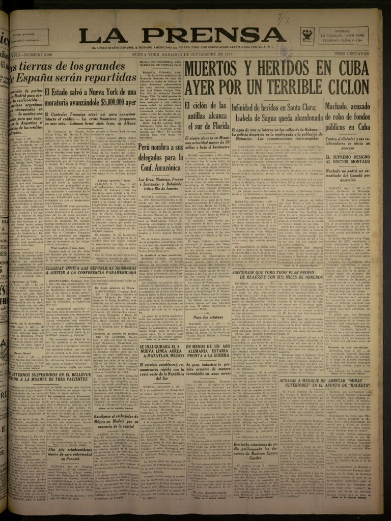 Miniatura de La Prensa: único diario español e hispano americano en Nueva York del 2 de septiembre de 1933, nº 5180
