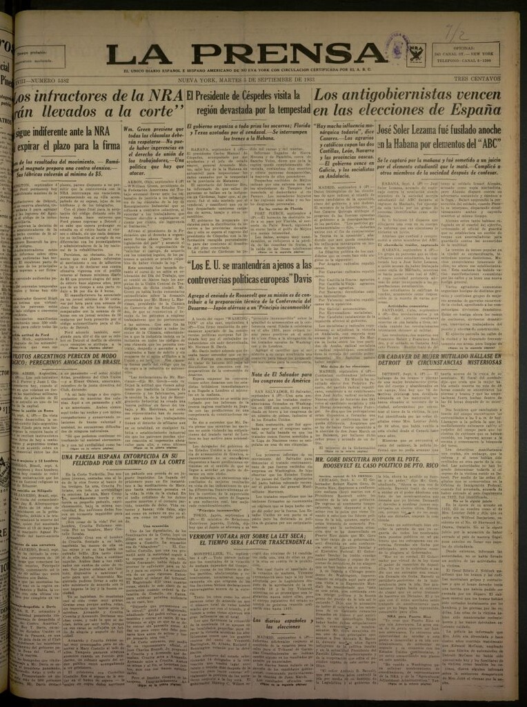 Miniatura de La Prensa: único diario español e hispano americano en Nueva York del 5 de septiembre de 1933, nº 5182