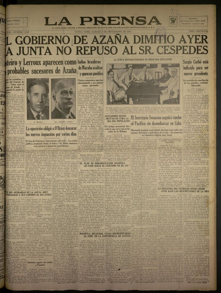 Miniatura de La Prensa: único diario español e hispano americano en Nueva York del 9 de septiembre de 1933, nº 5186