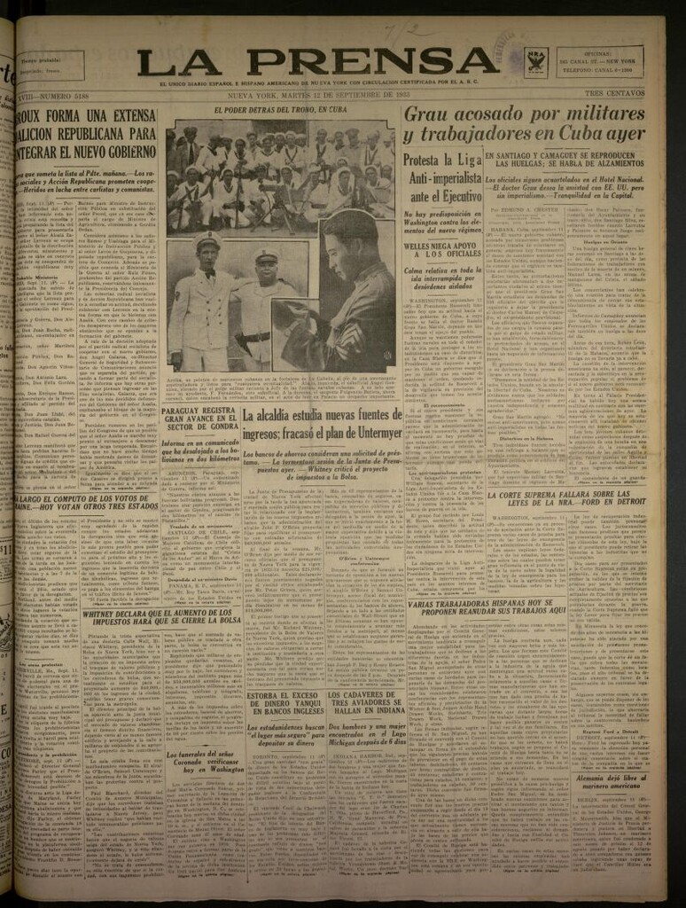 Miniatura de La Prensa: único diario español e hispano americano en Nueva York del 12 de septiembre de 1933, nº 5188