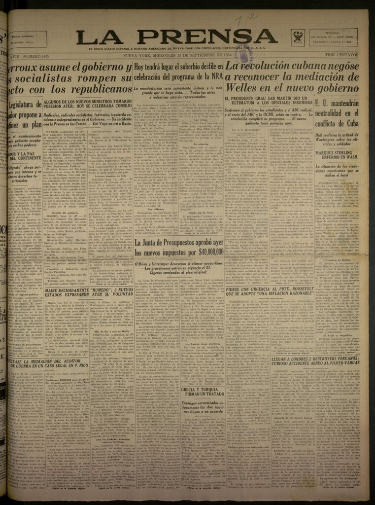 Miniatura de La Prensa: único diario español e hispano americano en Nueva York del 13 de septiembre de 1933, nº 5189
