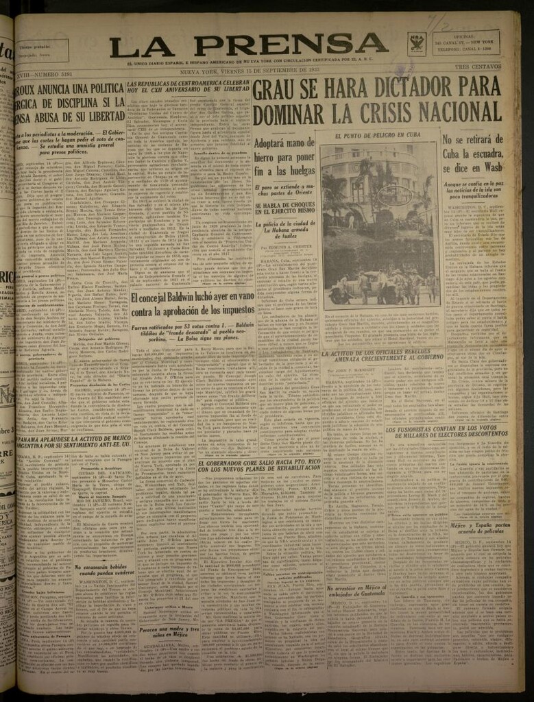 Miniatura de La Prensa: único diario español e hispano americano en Nueva York del 15 de septiembre de 1933, nº 5191