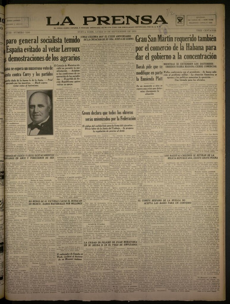 Miniatura de La Prensa: único diario español e hispano americano en Nueva York del 18 de septiembre de 1933, nº 5193