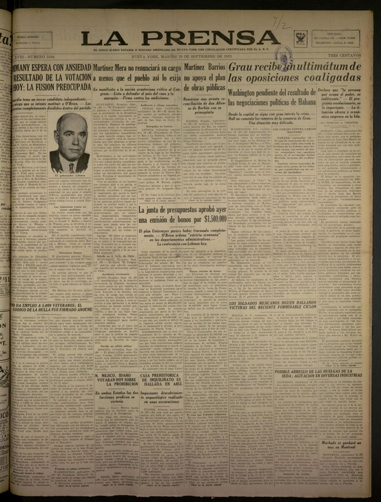 Miniatura de La Prensa: único diario español e hispano americano en Nueva York del 19 de septiembre de 1933, nº 5194