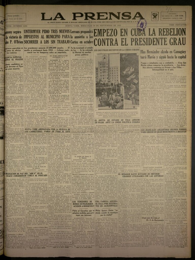 Miniatura de La Prensa: único diario español e hispano americano en Nueva York del 20 de septiembre de 1933, nº 5195