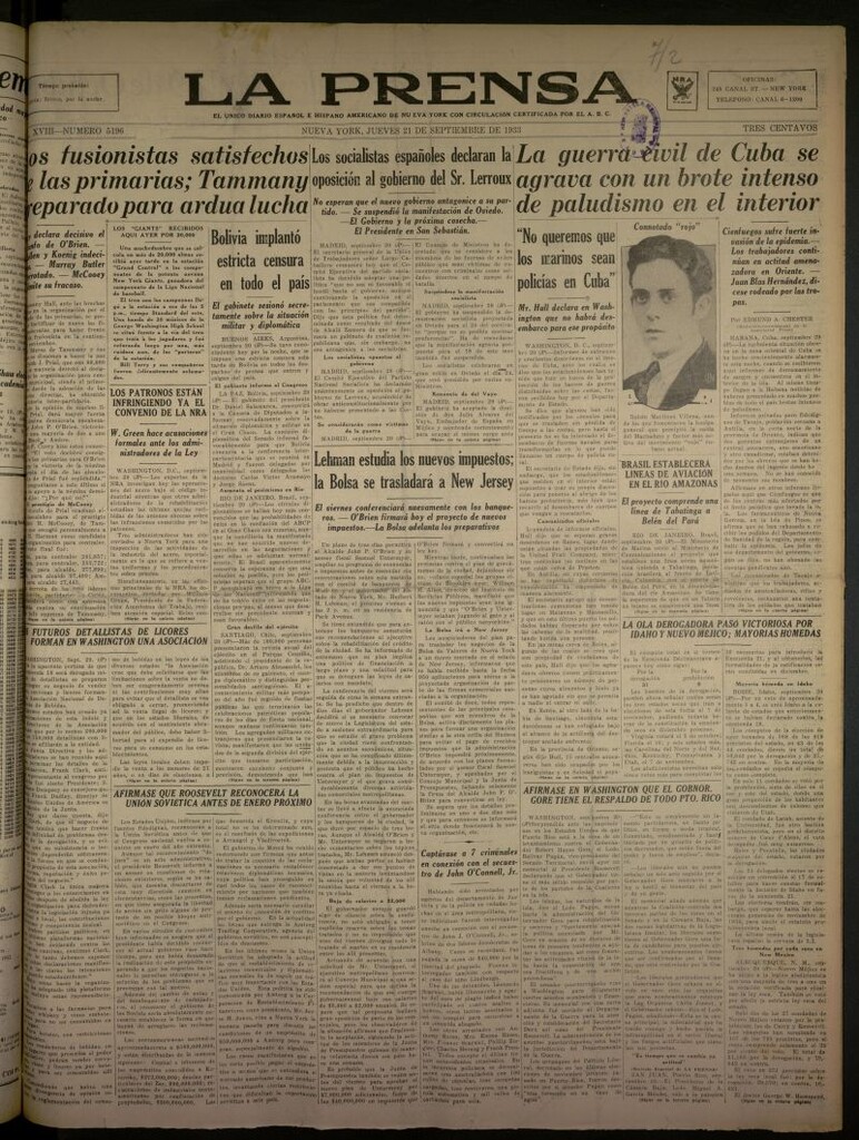 Miniatura de La Prensa: único diario español e hispano americano en Nueva York del 21 de septiembre de 1933, nº 5196