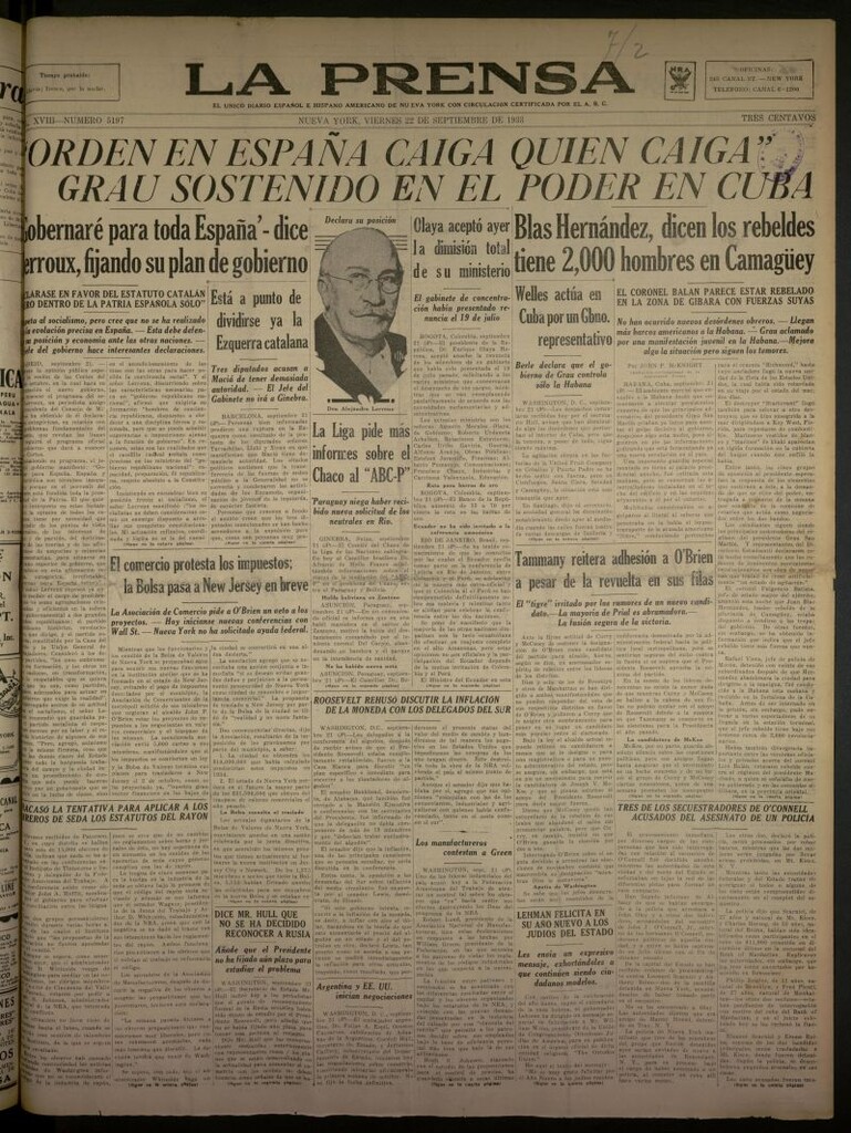 Miniatura de La Prensa: único diario español e hispano americano en Nueva York del 22 de septiembre de 1933, nº 5197