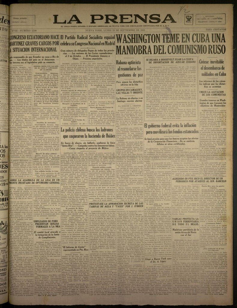 Miniatura de La Prensa: único diario español e hispano americano en Nueva York del 25 de septiembre de 1933, nº 5199