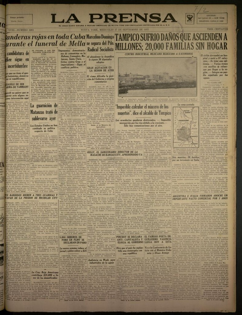 Miniatura de La Prensa: único diario español e hispano americano en Nueva York del 27 de septiembre de 1933, nº 5201