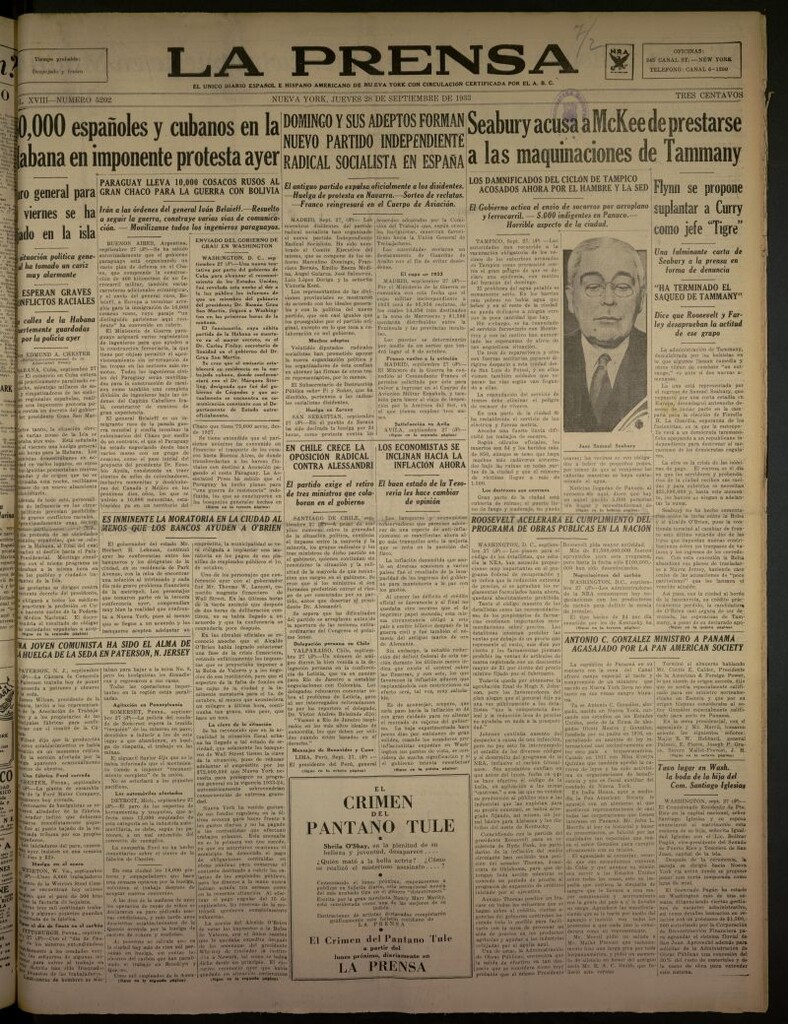 Miniatura de La Prensa: único diario español e hispano americano en Nueva York del 28 de septiembre de 1933, nº 5202