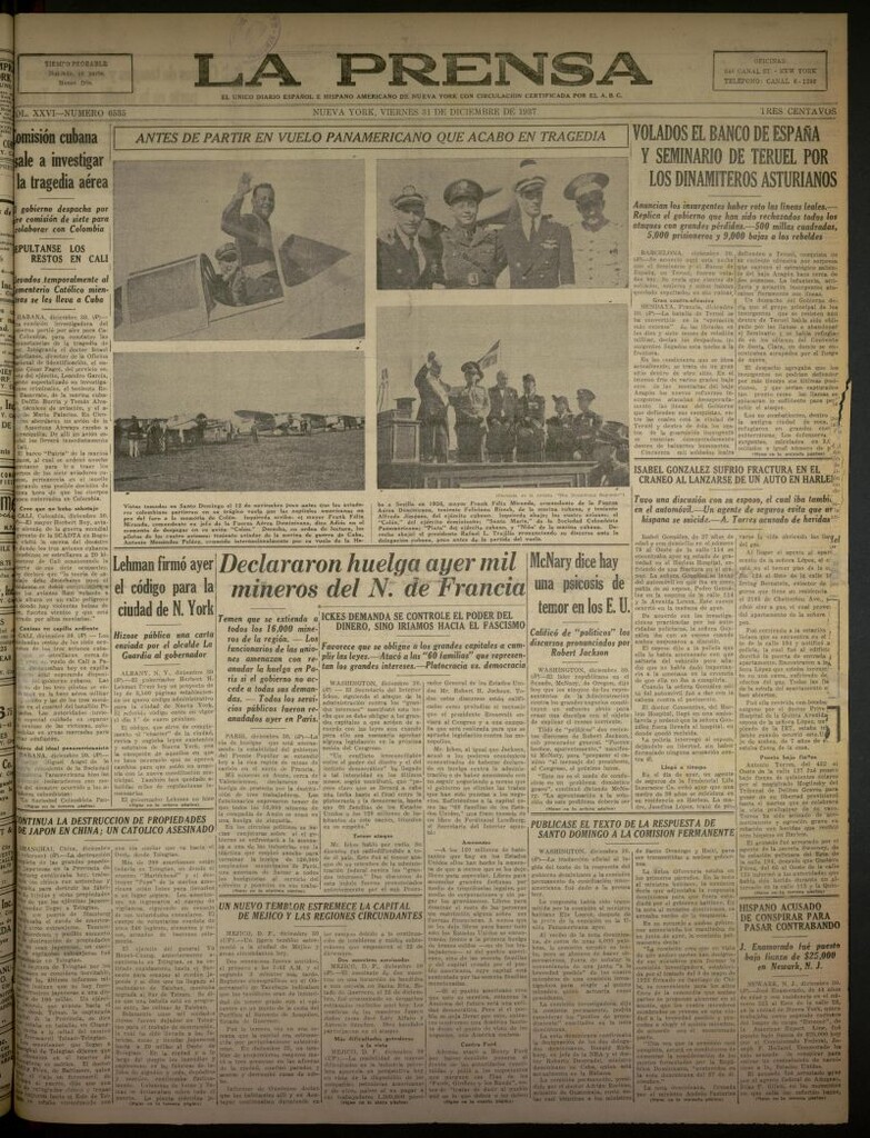 Miniatura de La Prensa: único diario español e hispano americano en Nueva York del 31 de diciembre de 1937, nº 6535