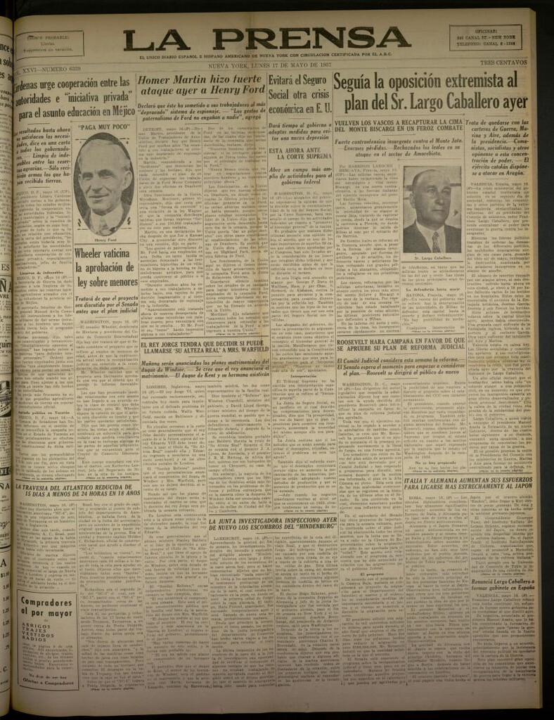 Miniatura de La Prensa: único diario español e hispano americano en Nueva York del 17 de mayo de 1937, nº 6339