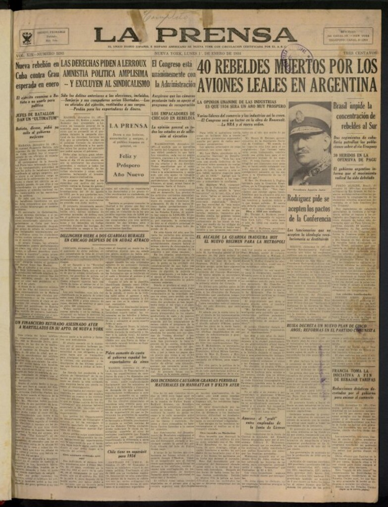 Miniatura de La Prensa: único diario español e hispano americano en Nueva York del 1 de enero de 1934, nº 5283