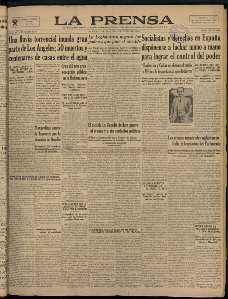 Miniatura de La Prensa: único diario español e hispano americano en Nueva York del 2 de enero de 1934, nº 5284