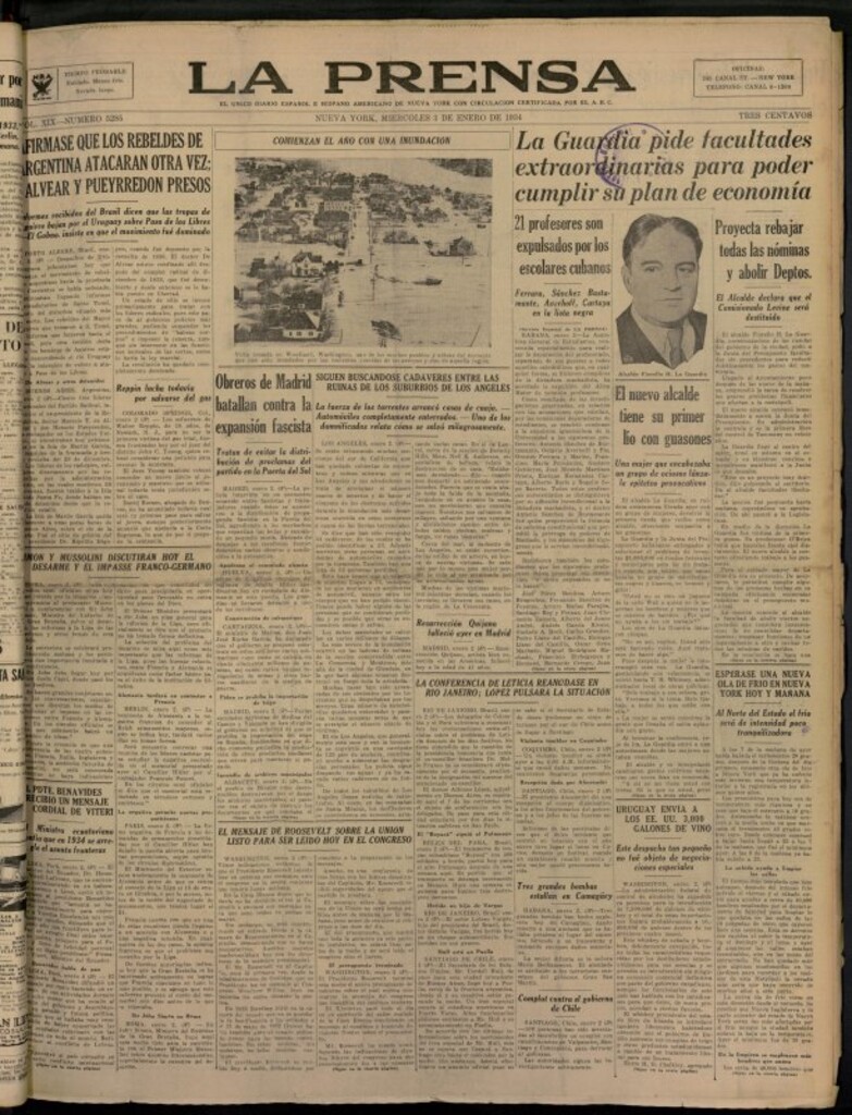 Miniatura de La Prensa: único diario español e hispano americano en Nueva York del 3 de enero de 1934, nº 5285