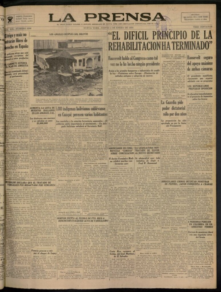 Miniatura de La Prensa: único diario español e hispano americano en Nueva York del 4 de enero de 1934, nº 5286